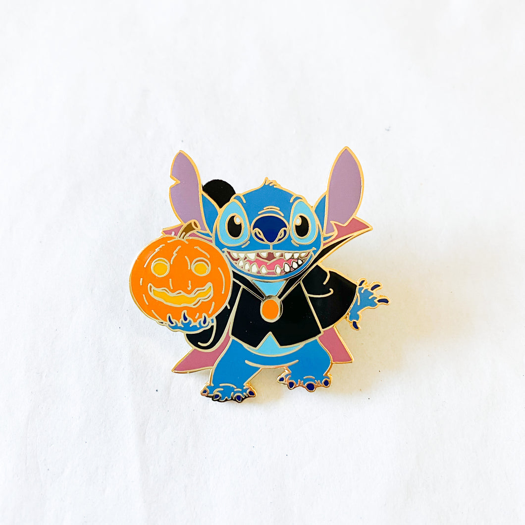 Stitch as Dracula Holding Pumpkin Pin